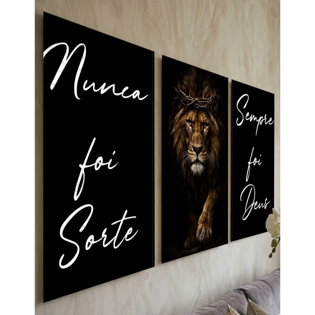 Quadro Decorativo Leão de Judá 3 Peças Preto Frase Nunca Foi Sorte Sempre Foi Deus