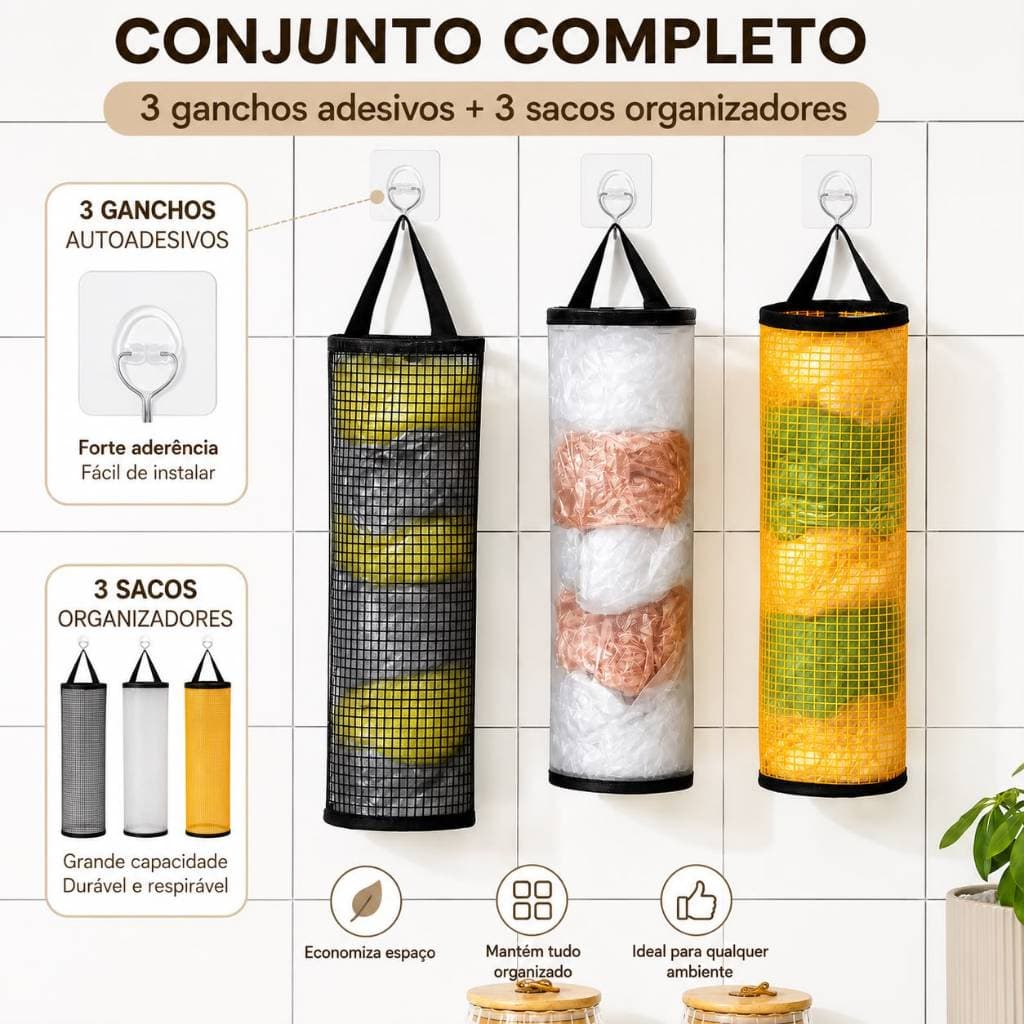 Kit 3 Porta-Saco de Lixo + 3 ganchos adesivos Organizador de Saco Plástico