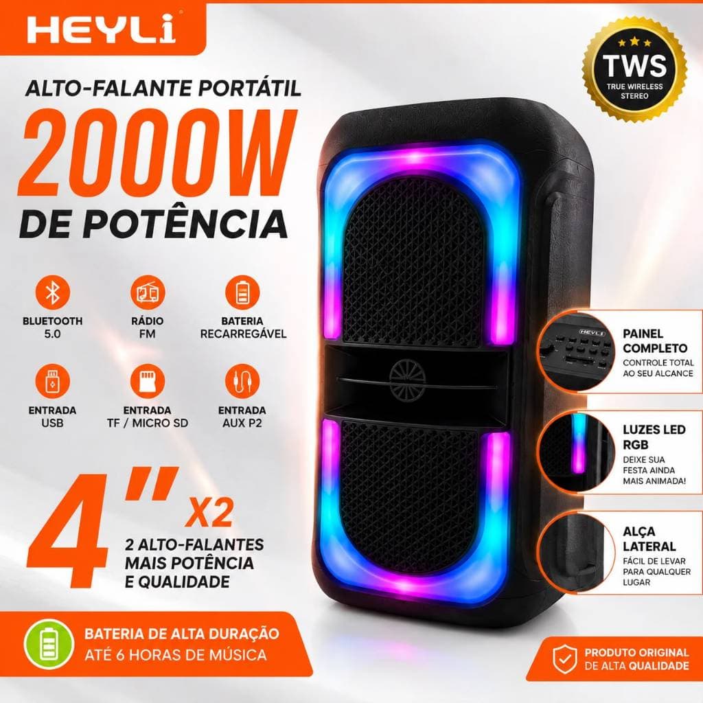 Caixa de Som Bluetooth Portátil 2000W PMPO TWS Karaokê LED RGB USB TF Rádio FM Entrada para Microfone Heyli HY-4406