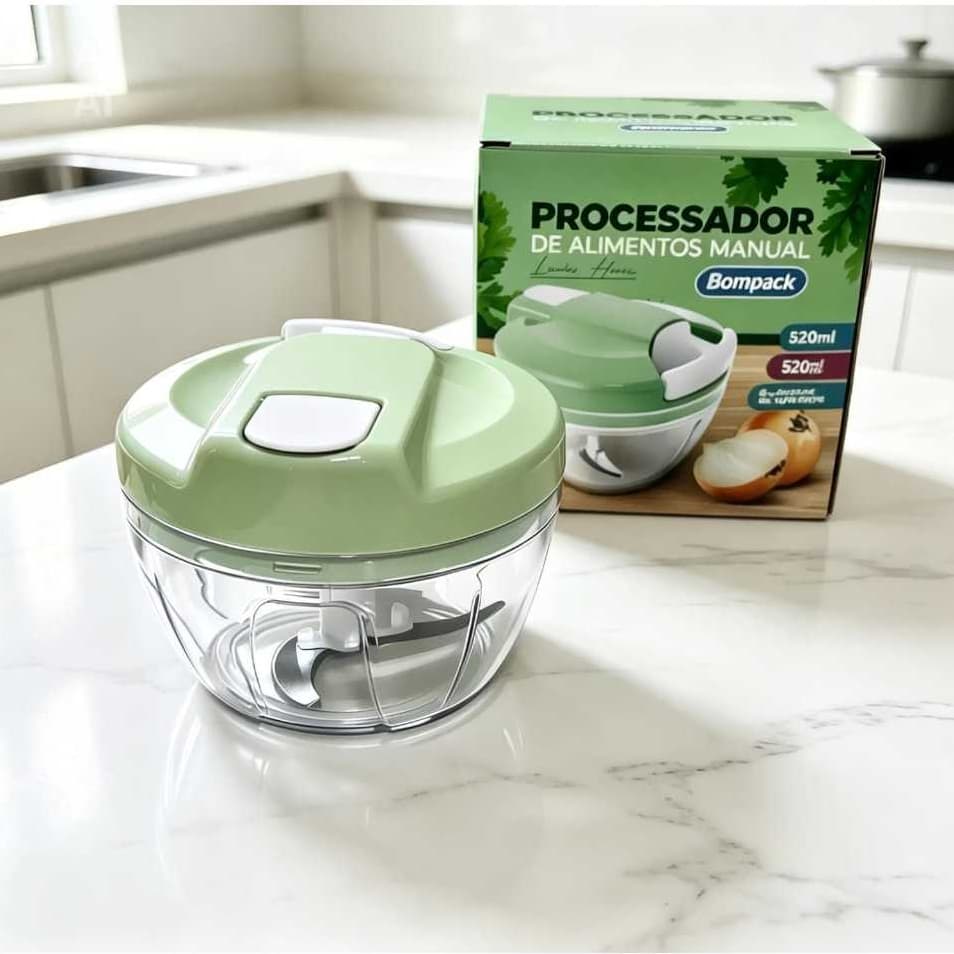 Processador Manual de Alimentos 520ml Bompack Triturador 3 Lâminas Aço Inox Pratico Rápido e Fácil..