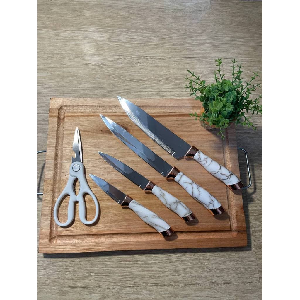 Kit Facas de Cozinha 5 Peças Premium com Cabo Marmorizado + Tesoura | Faca Chef, Fatiar e Multiuso