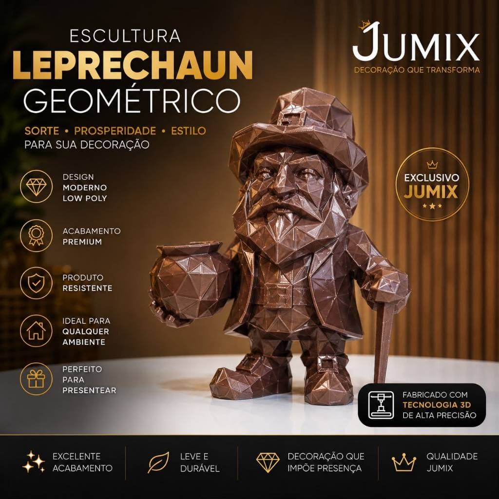 Escultura Leprechaun Geométrico Decorativo Low Poly Estátua Moderna Enfeite Sala Escritório Presente Premium