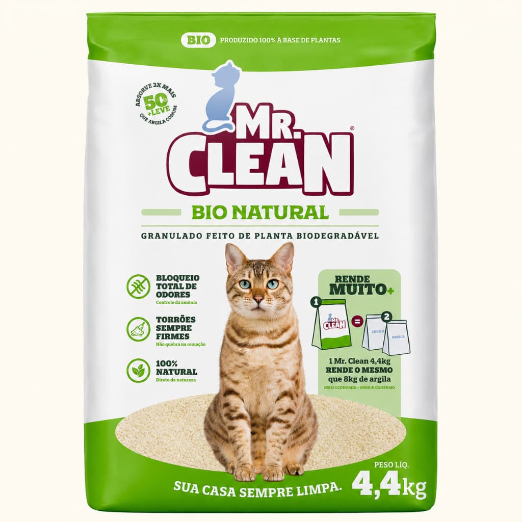 Areia Higiênica Biodegradável Mandioca Mr.Clean 4,4kg - Granulado Higiênico para Gatos