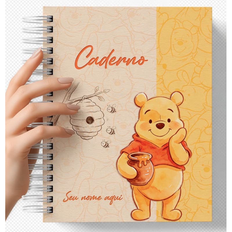 Caderno Personalizado Ursinho Pooh A5 Com Nome | 100 Folhas | Espiral | Escolar|Caderno de Anotações