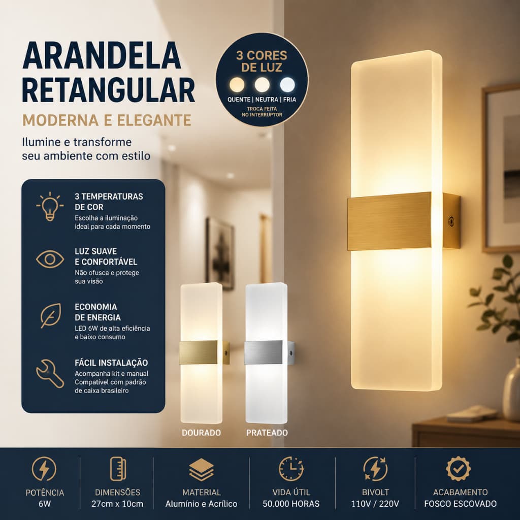 Arandela Interna Escovado Sala Acrilico Led Integrado Cabece
