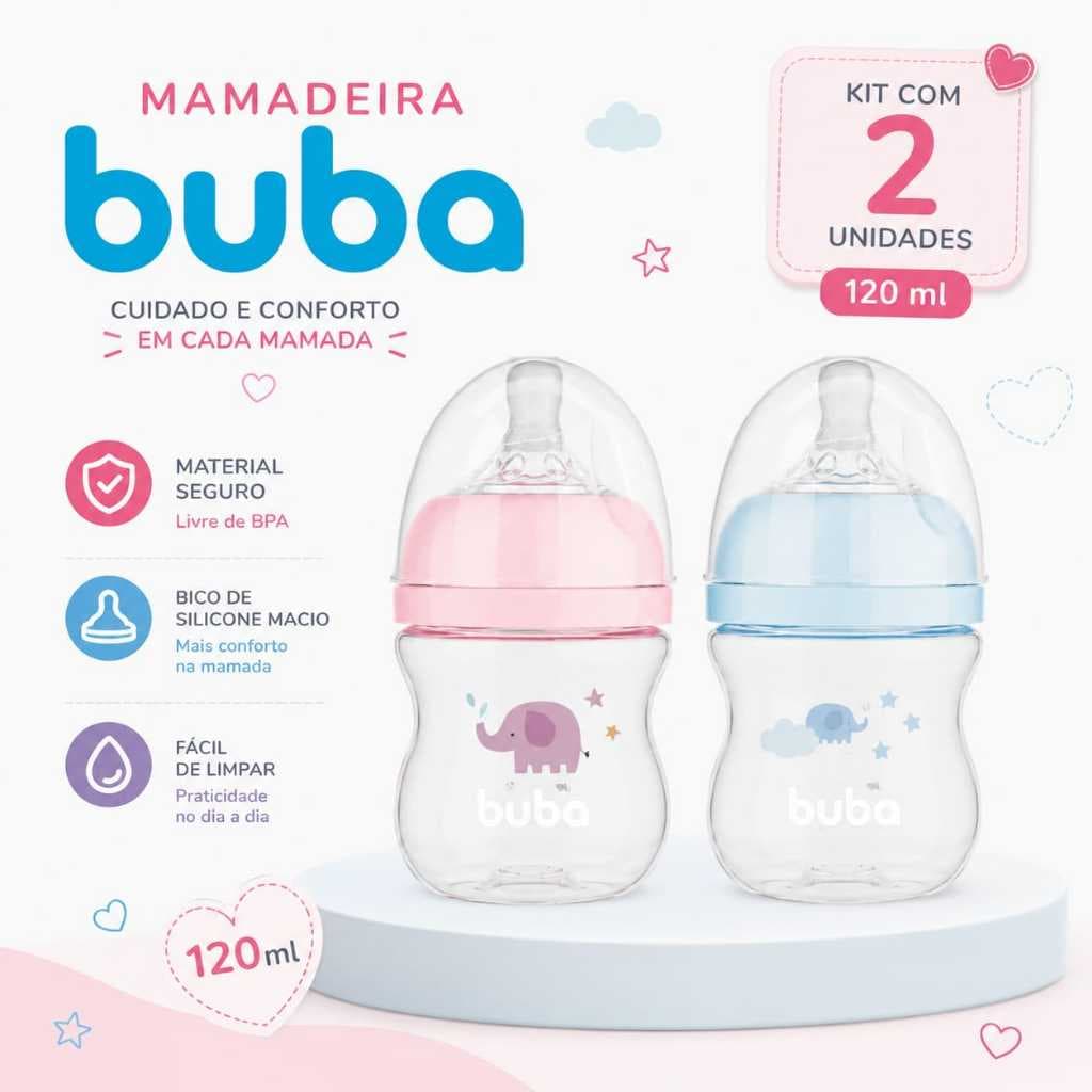 Kit Com 2 Mamadeiras Buba Bebe 120 Ml Bico De Silicone De Alta Qualidade Mamadeira Para Bebes