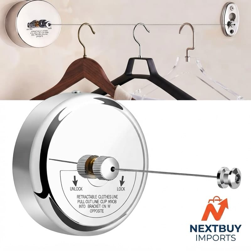 Varal Retrátil de Parede em Aço Inox 2,85m com Trava Automática para Banheiro e Lavanderia – Compacto e Resistente