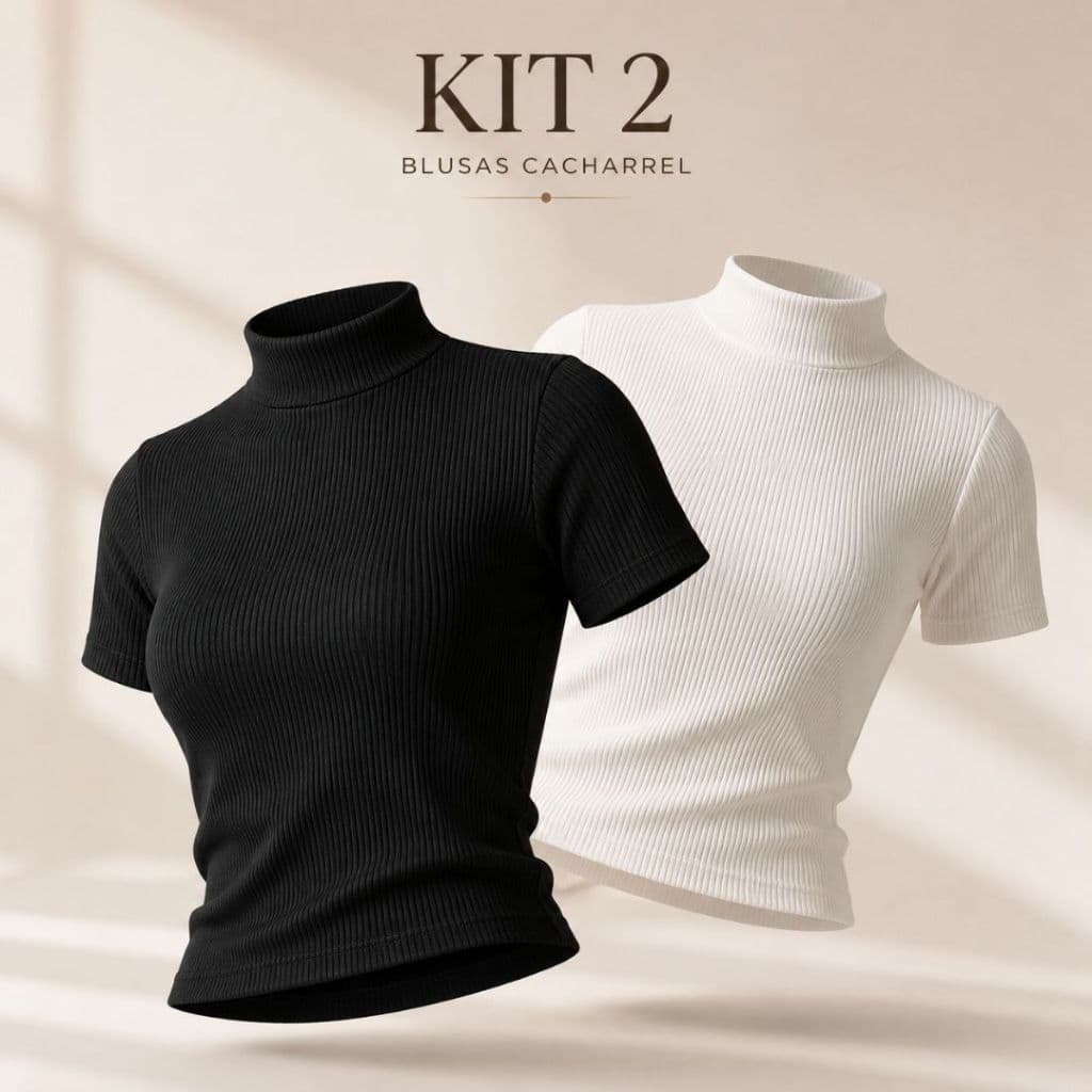 Kit 2 Blusas Cacharrel Feminina Gola Alta Canelada Ribana Premium Manga Curta