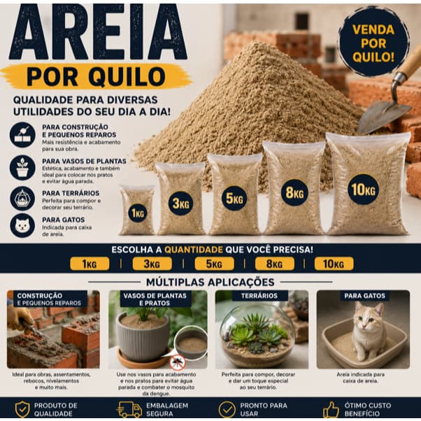 Areia Lavada por Kg 1kg 3kg 4kg 5kg | Construção, Vasos, Terrários, Caixa de Gatos e Pequenos Reparos