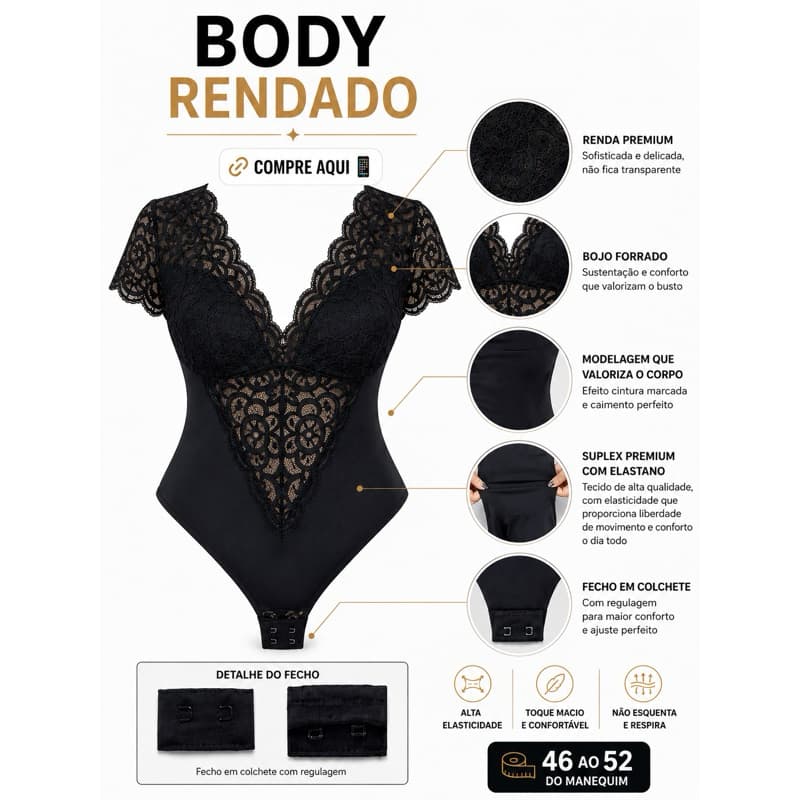 Body Rendado Plus Size Premium Feminino 46 ao 52 Bojo Forrado Suplex com Elastano Manga Curta Elegante