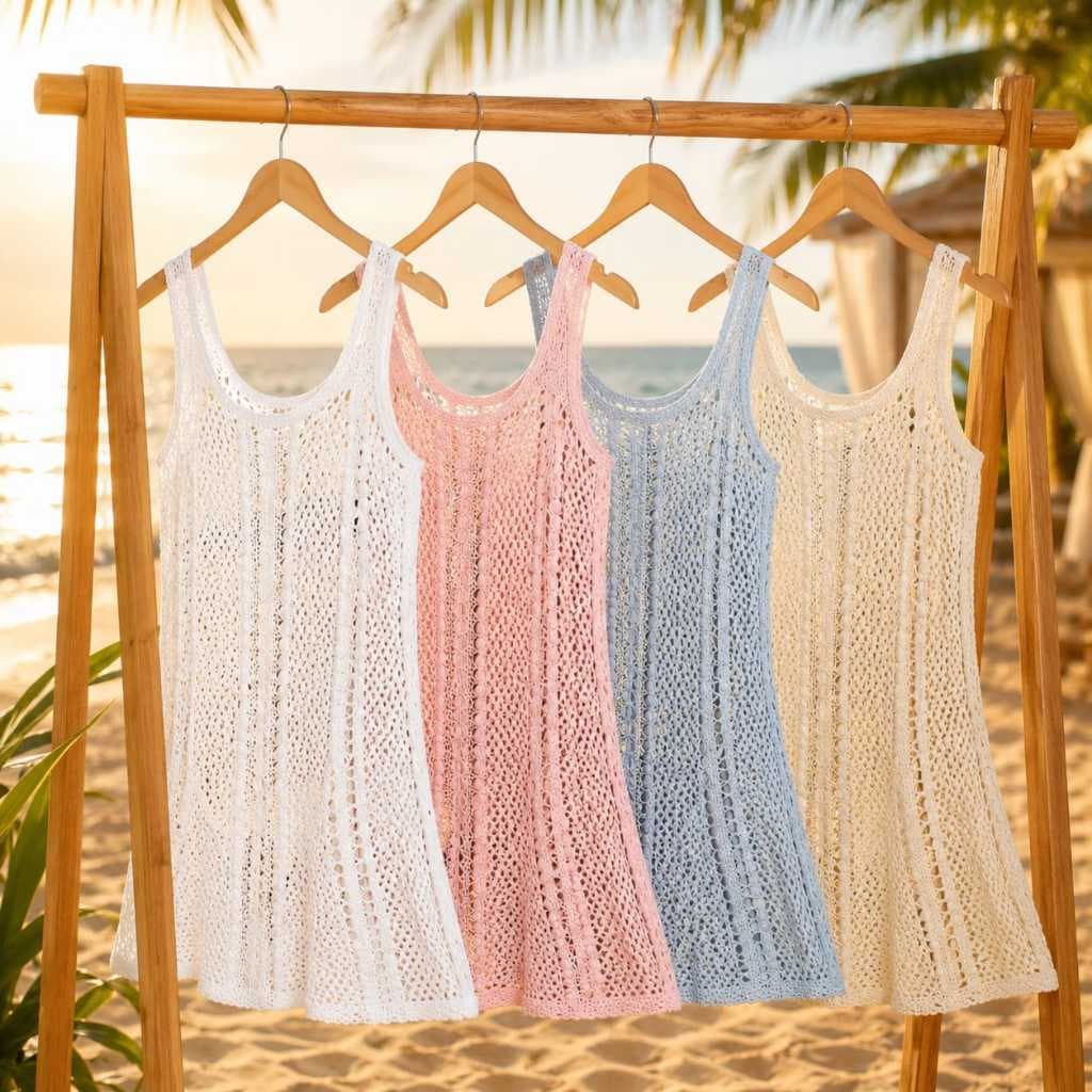 Saída de Praia Trico Alcinha Vestido Tricot Saida de praia/Piscina Vestidinho de Praia Leve Roupão Canga Verão