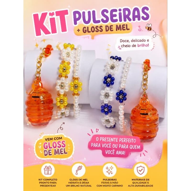 Kit conjunto de pulseiras com Gloss labial de mel / pulseira artesanal - brilho labial hidratante de mel com pingente