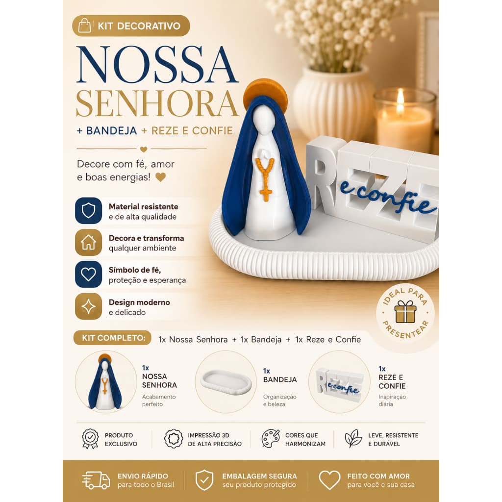 Decorativo Nossa Senhora + Bandeja + Reze e Confie | Decoração Religiosa