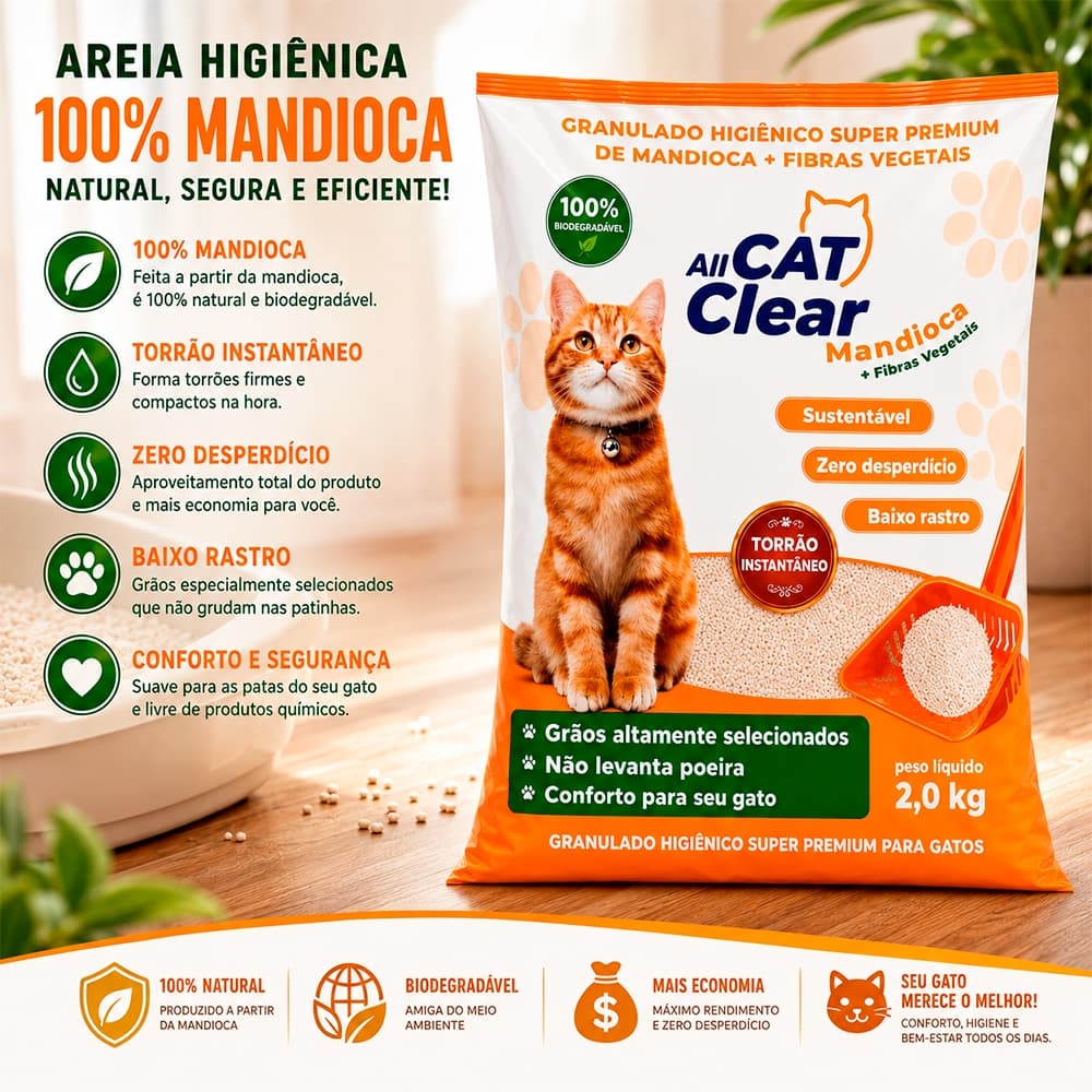Areia de Gato Mandioca All Cat Clear Granulado Sanitário Biodegradável Alta Absorção Evita Odores