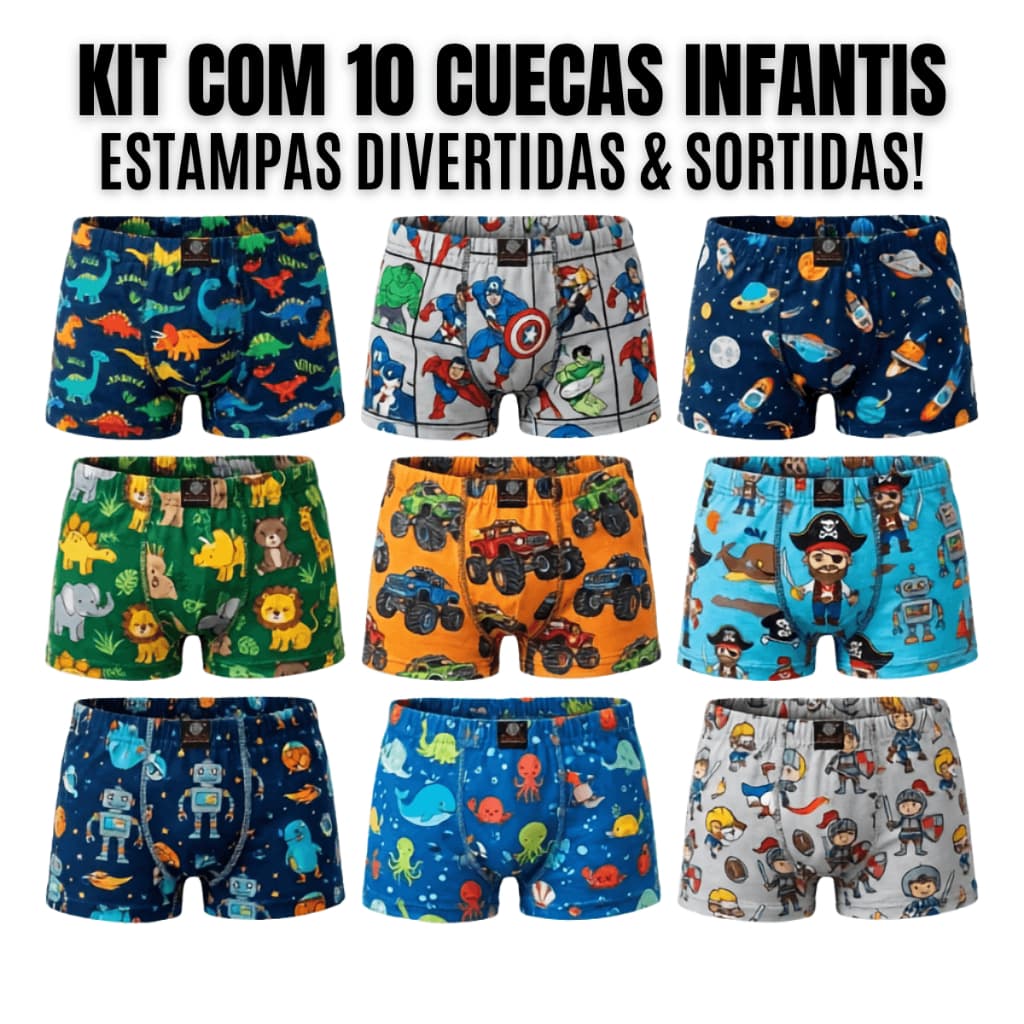 Kit Cueca Boxer Box Infantil Menino Malha Macia Estampada Confortável Desenhos Animados P M G GG