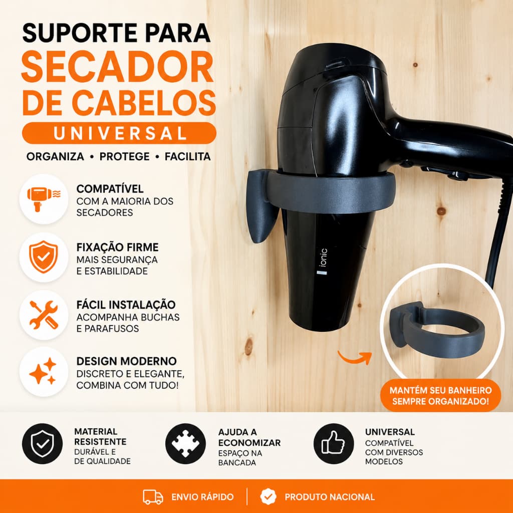 Suporte de Parade Para Secador de Cabelo Universal - Acompanha Buchas e Parafusos