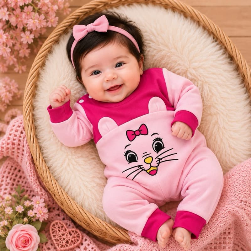 Macacão bebê menina temático primavera/outono 0 a 3 meses gatinha animal print macacão de bebê RN recém nascido
