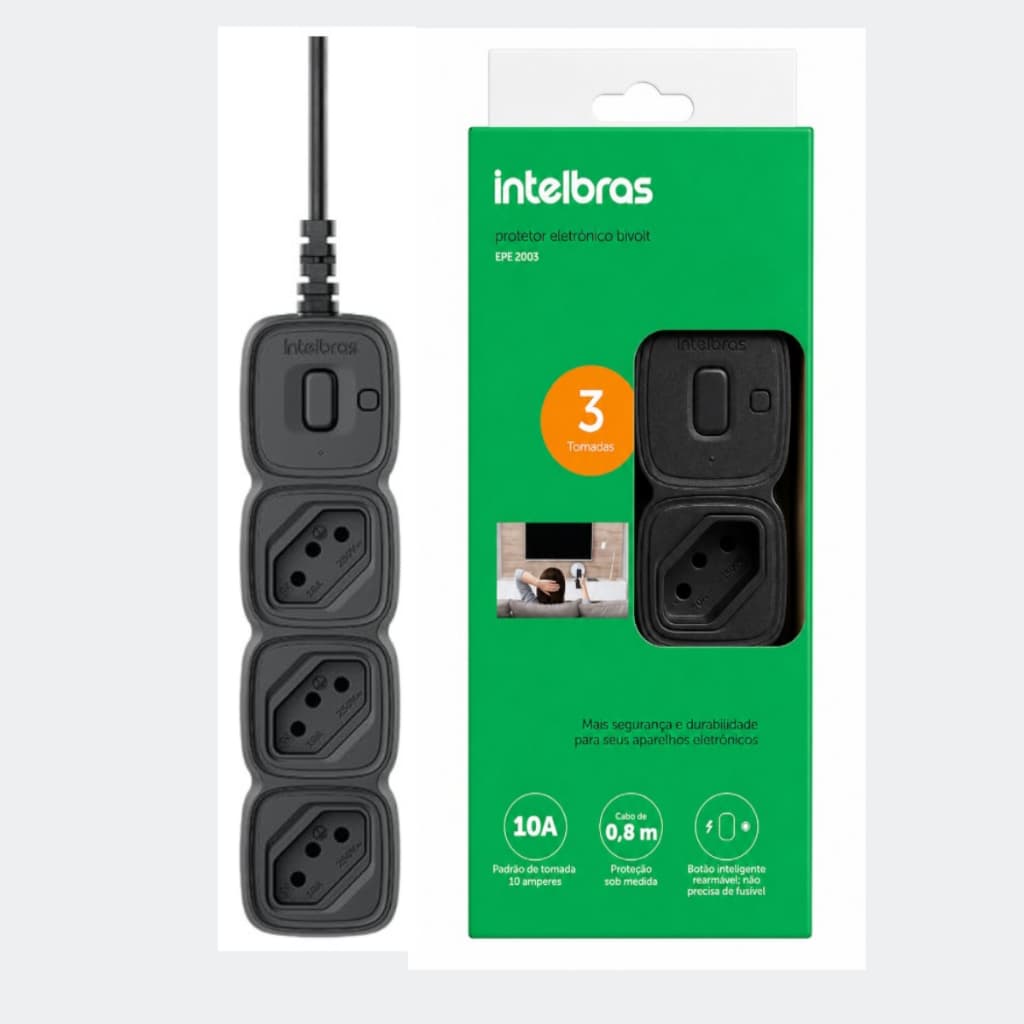 Filtro de Linha Intelbras Protetor Eletrônico Bivolt Com 3 Tomadas INMETRO - Preto e Branco