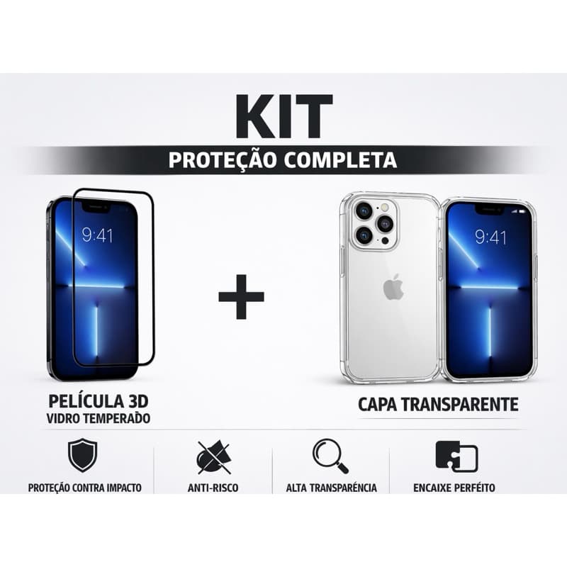 Kit Capinha Transparente TPU + Película Vidro 3D Para iPhone 11 12 13 14 15 16e 17 Air Pro Max Plus