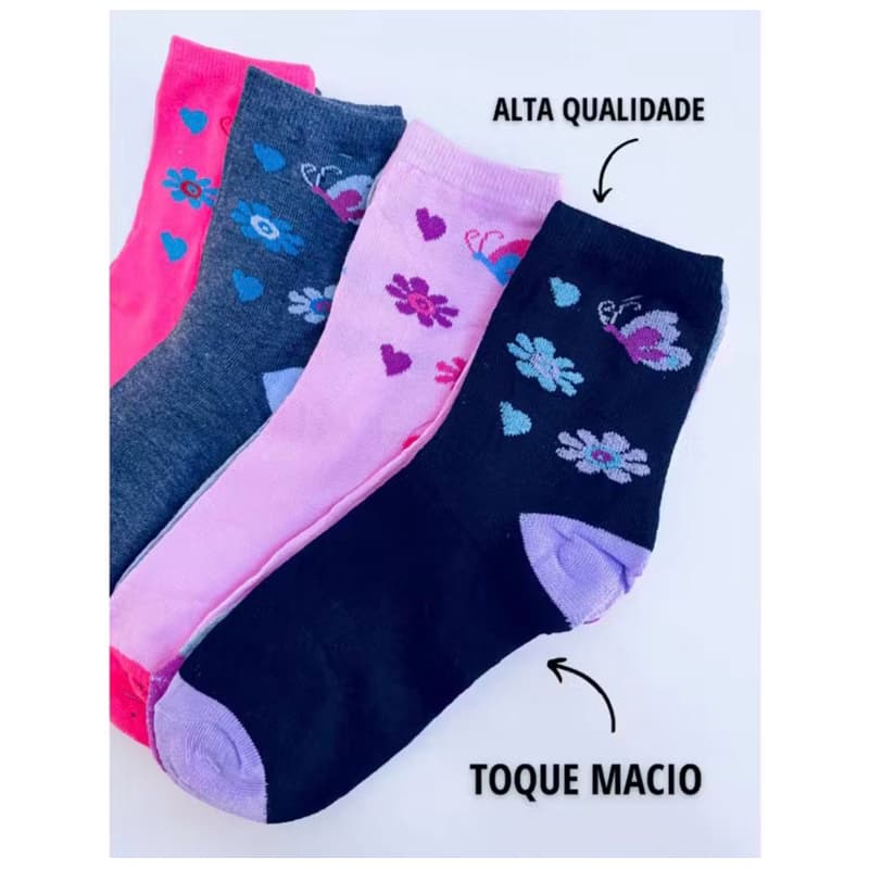 Meias Femininas Coloridas adultas Kit 6 ou 12 Pares Confortáveis Macias Excelente Qualidade Cores Variadas