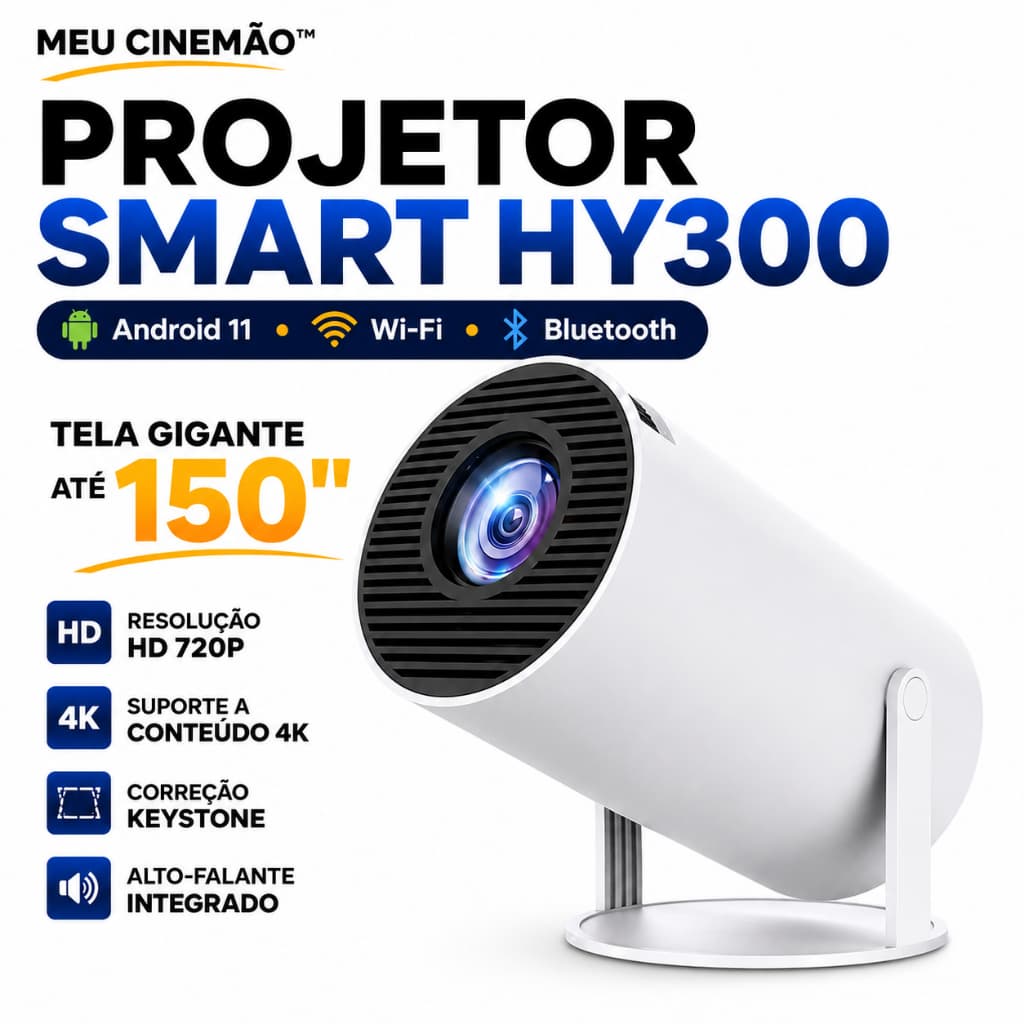 Projetor HY300 Smart Android 11 WiFi Bluetooth HD 720P Suporte 4K Até 150" Meu Cinemão
