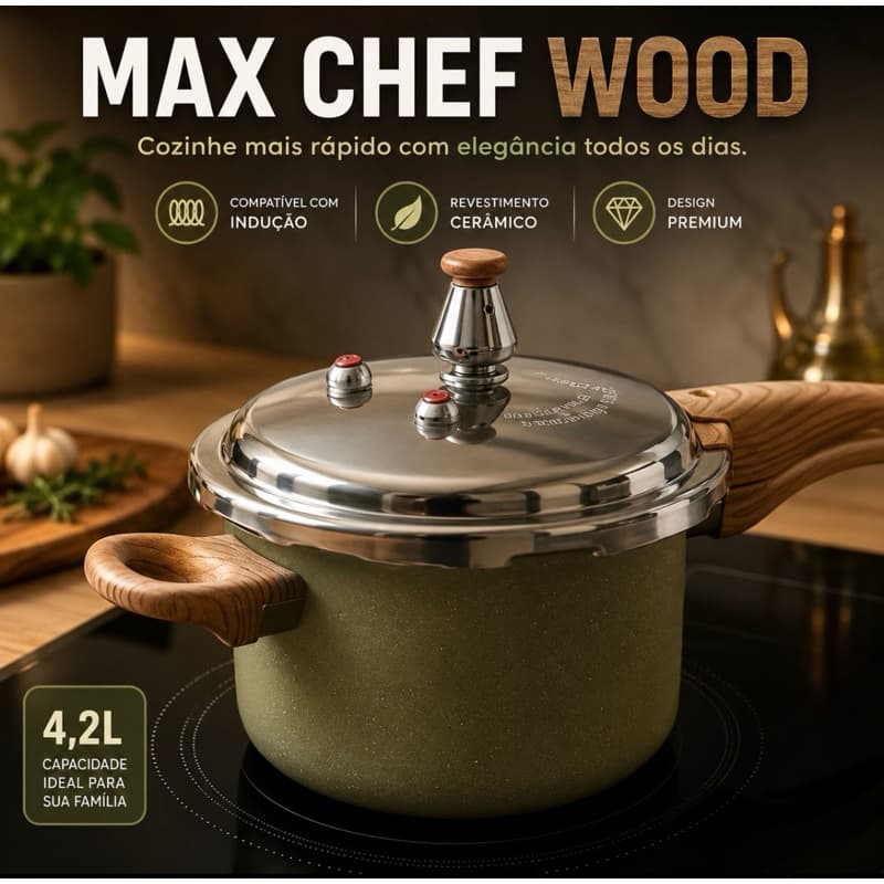 Panela de Pressão 4,2L Indução Max Chef Wood Cerâmica Antiaderente Todos os Fogões Verde Antiaderente - Verde