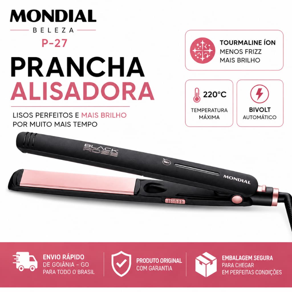 Prancha Alisadora Mondial P-27 Tourmaline Íon 220°C Bivolt Chapas Cerâmica Black Rose