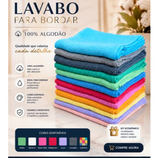 KIT 15 UNI TOALHAS LAVABO PARA BORDAR, PINTAR E ARTESANATO E BRINDE, ESCOLAR, 100% ALGODÃO