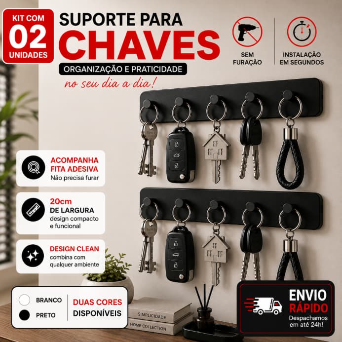 Kit Suporte Porta Chaves Parede 5 Ganchos Adesivo Sem Furar Organizador Casa Sala Escritório Garagem