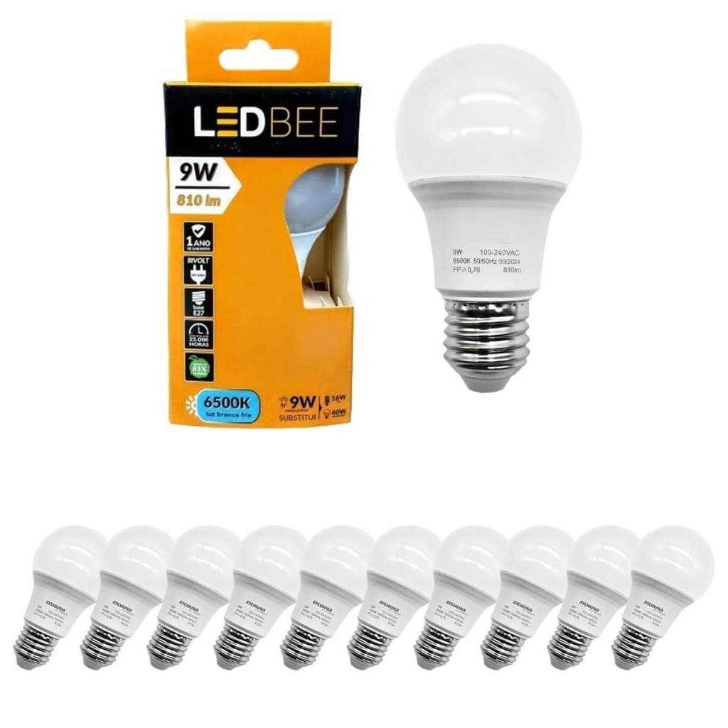 Kit 10 Lâmpadas Bulbo 9W Bivolt E27 Branca Fria 6500K ou Quente 3000K