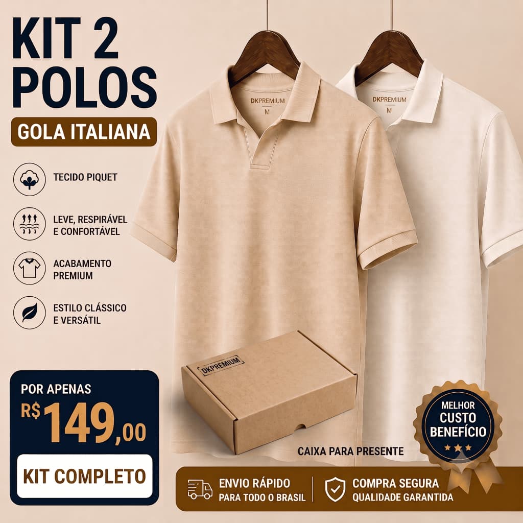 Kit 2 Camisas Polo Premium Masculina Gola Italiana Regular Fit Tecido Macio Caixa para Presente