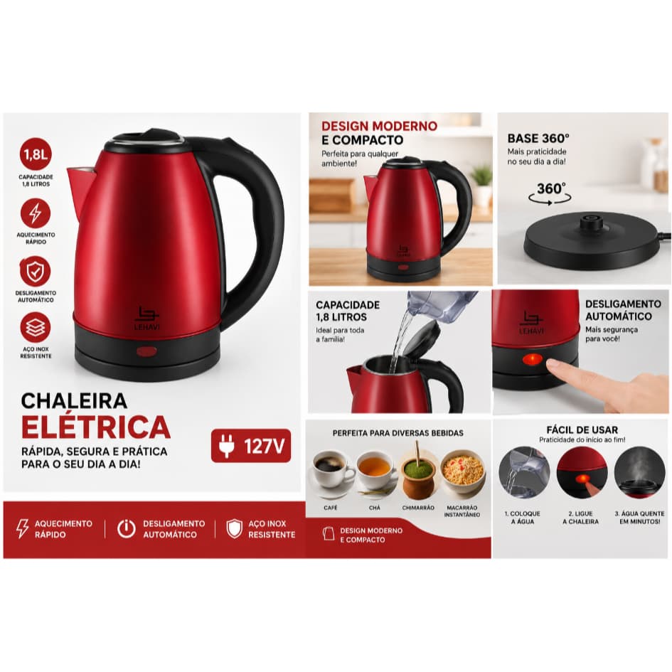 Chaleira Elétrica Inox 1,8L 127V ou 220V Vermelha Aquecimento Rápido Desligamento Automático