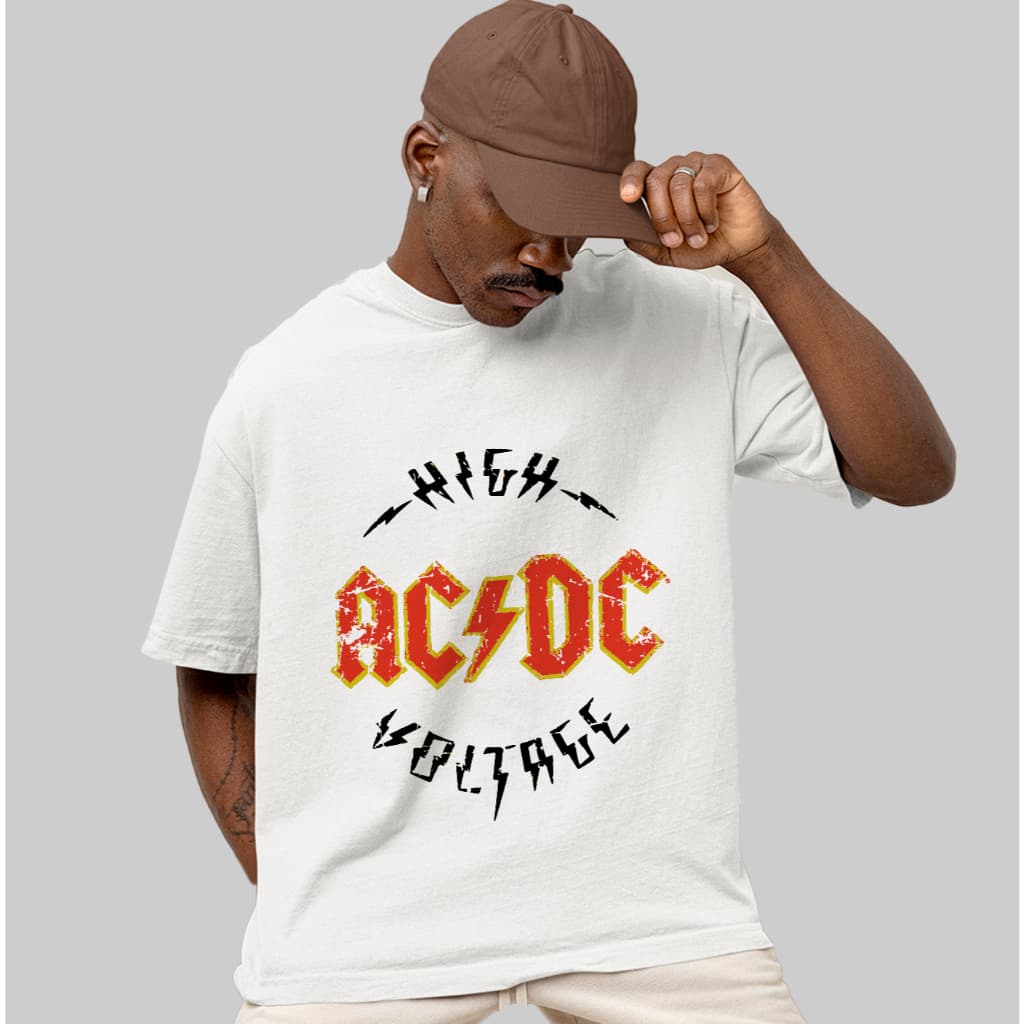 Camiseta Oversized AC DC High Voltage Rock and Roll Unissex Estampa Premium Exclusiva