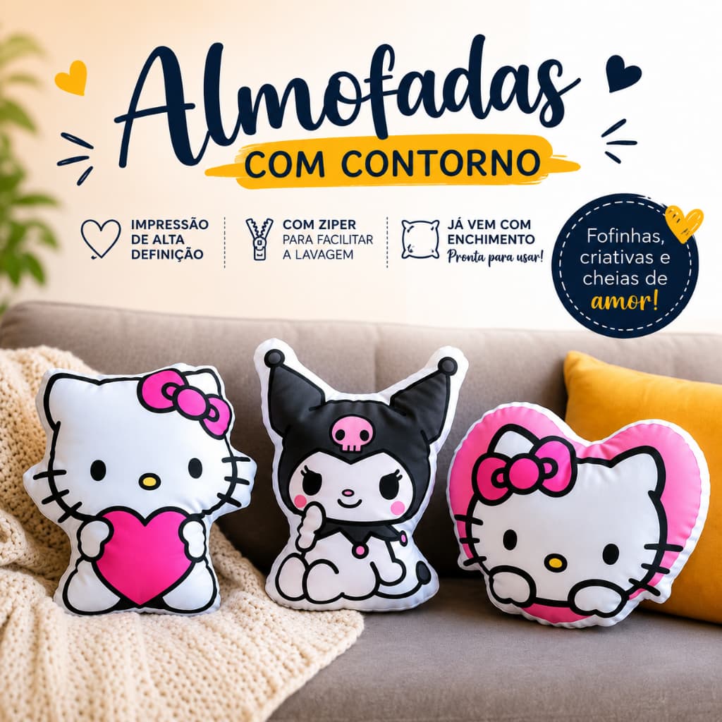 Almofada 3D Hello Kitty com Contorno – Super Fofa, Macia e Decorativa