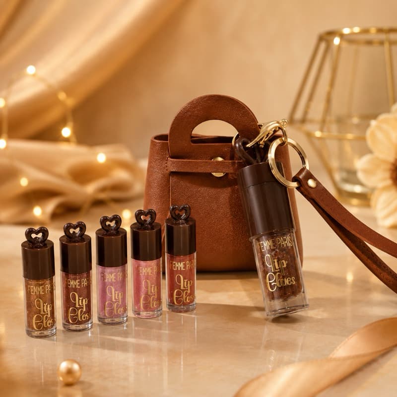 Kit Lip 5 Gloss Femme Paris-Chaveiro-Bolsa-LipGlos-MakeUp-BrilhoLabial-Beleza-Maquiagem-AcessórioFashion-GlossyLips