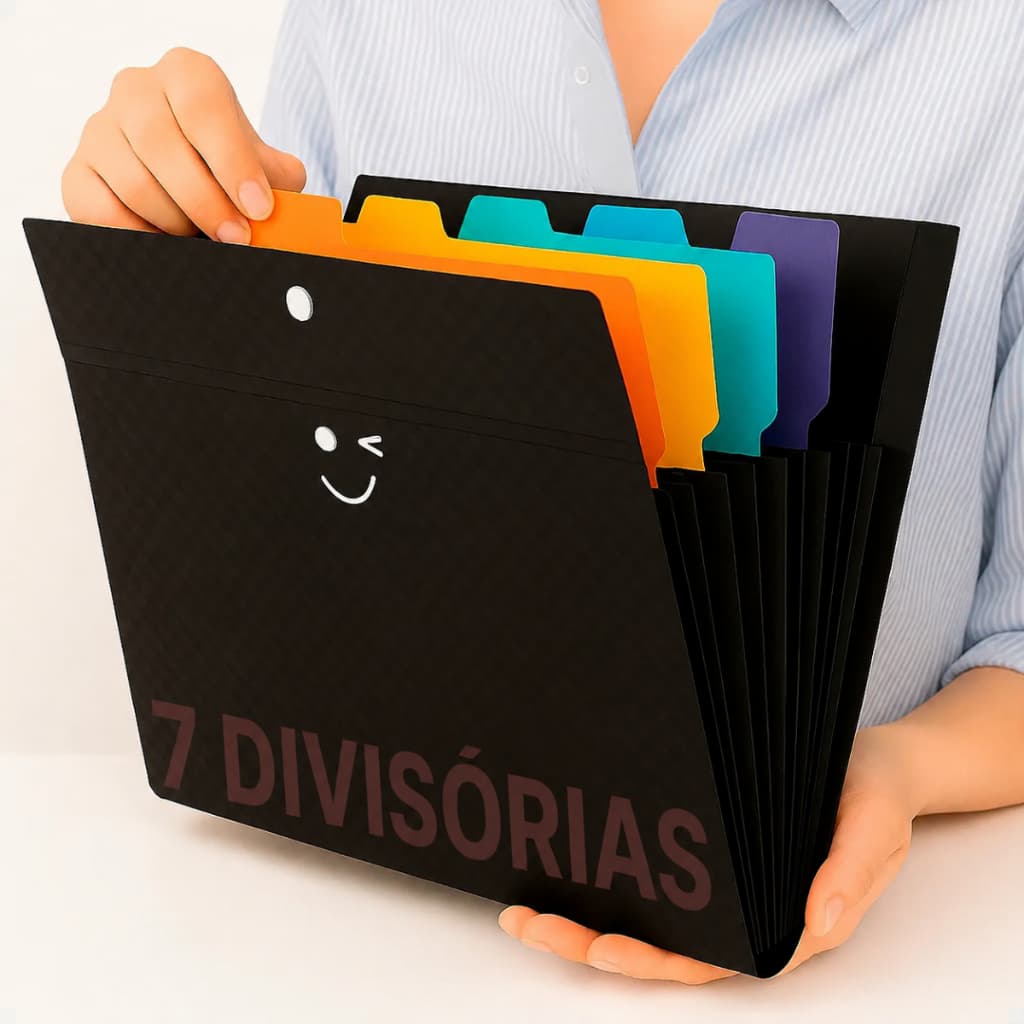 Pasta Sanfonada A4 PVC Preta 7 Divisórias Porta Documentos