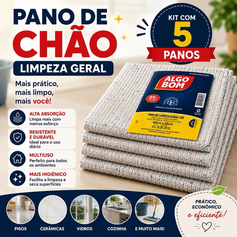 Pano de Chão Limpeza Geral 40x58cm Kit 5 ou 10 Unidades Alta Absorção Multiuso
