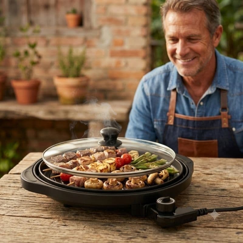Churrasqueira Grill Elétrica 220V Redonda Termostato Precision Preto Cozinha Facil Doméstico