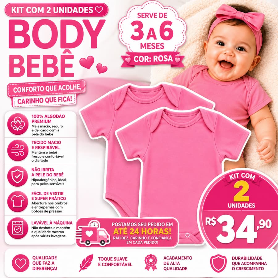 🩷Body Bebê Kit 2 Unidades Rosa 3 a 6 Meses 100% Algodão Manga Curta Confortável🩷