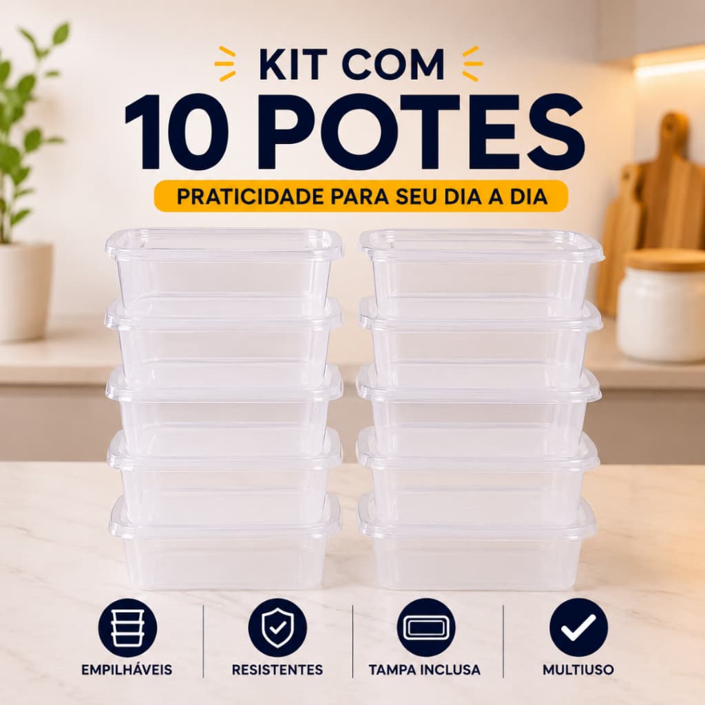 Kit 10 Potes Marmitas 800ml Travas Laterais Organizador Geladeira Vedação Segura Livre BPA Free