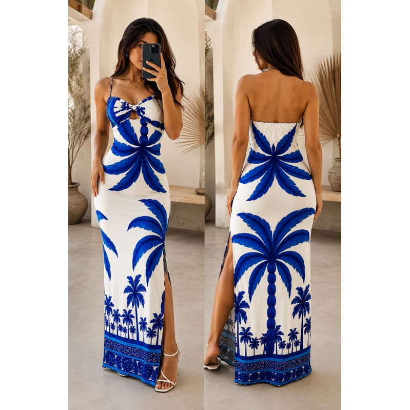 Vestido Longo Feminino Estampado Tropical Estilo Farm com Fenda