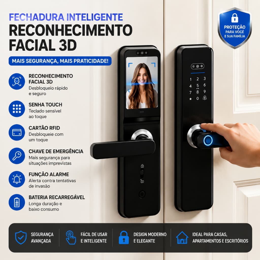 Fechadura Digital Facial 3D, Trava com Câmera HD, Biometria e App, Segurança Residencial Capillum