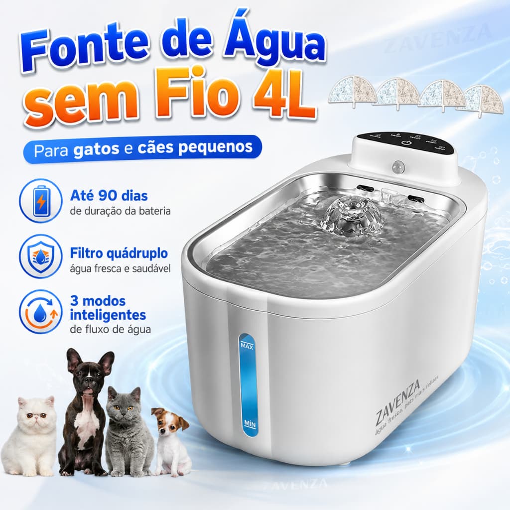 Fonte de Água para Gatos e Cães 4L Sem Fio Bebedouro Automático Pet Inteligente com Filtro Quádruplo e 3 Modos de Fluxo