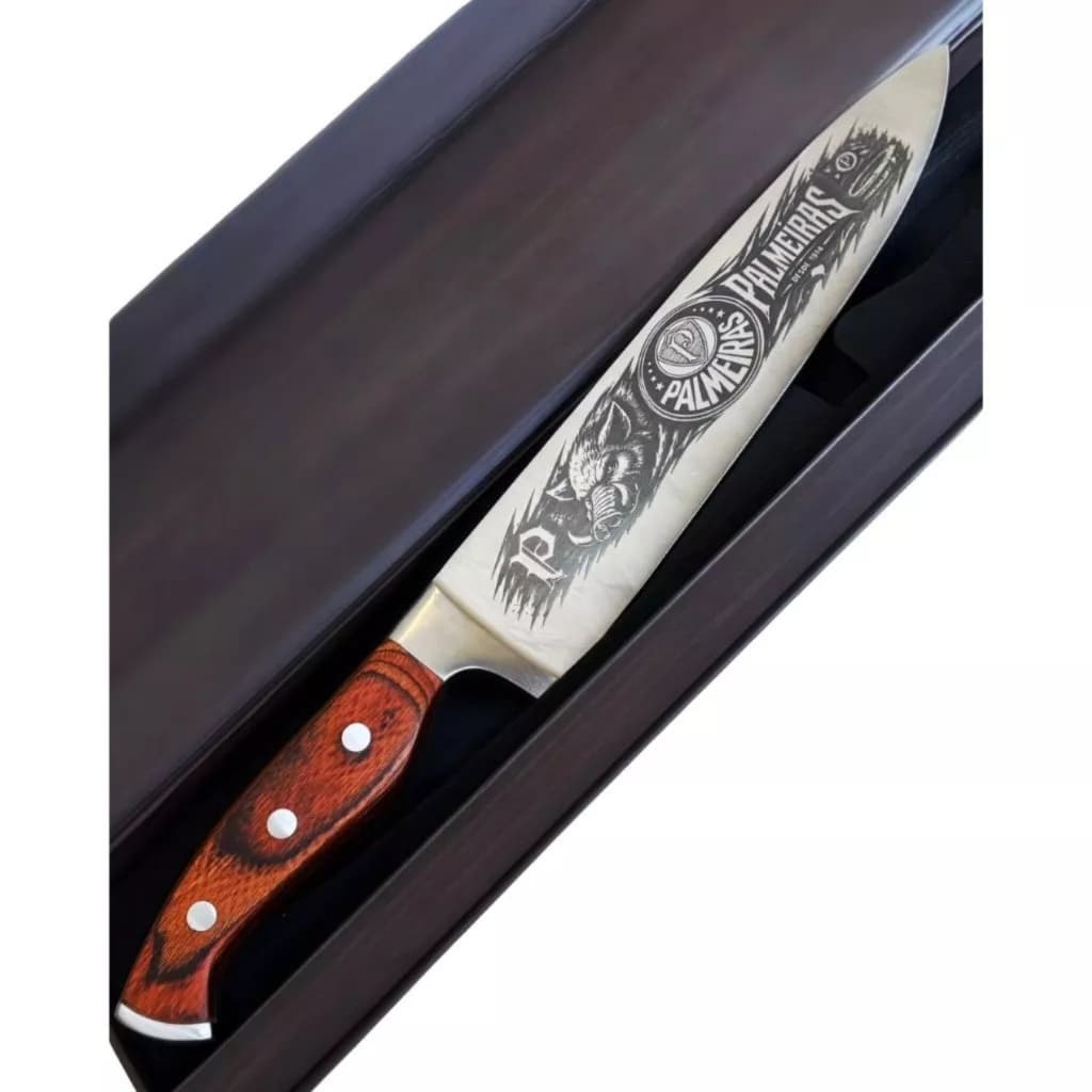 Faca Chef 9” Churrasco com Gravação a Laser Palmeiras, Palestra, Porco - Presente Criativo Exclusivo