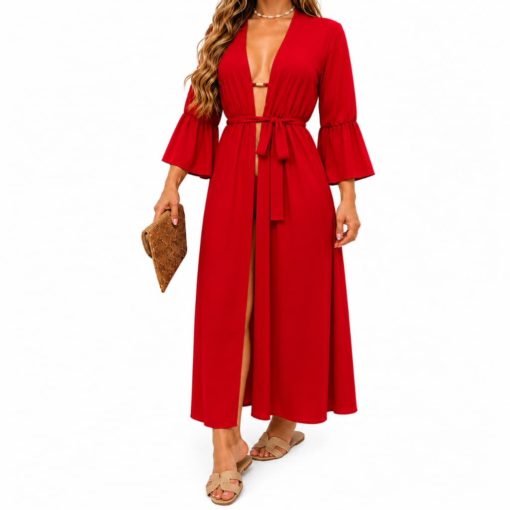 Saída de Praia Longa Kimono Elegance Manga Com Babado