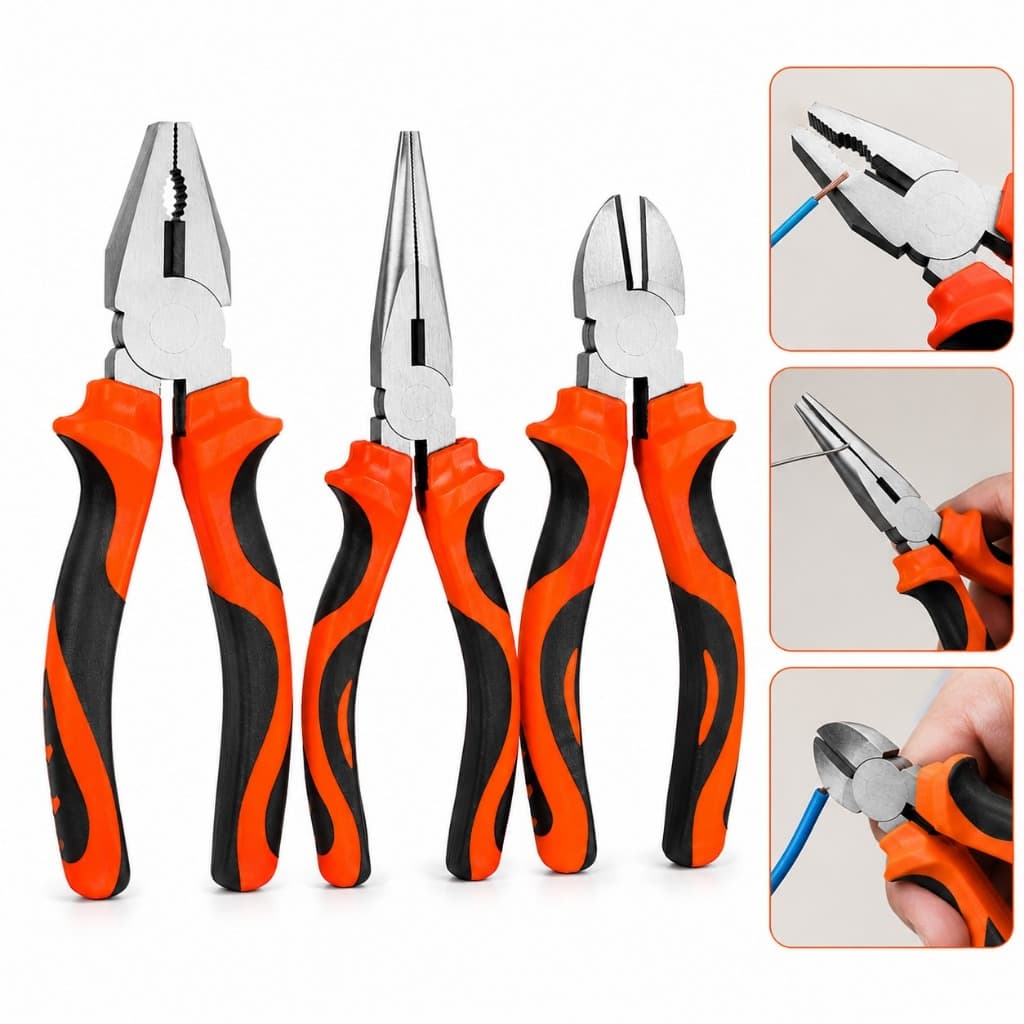 Kit Alicates 3 Peças Profissional 6 Polegadas Universal Bico Longo Corte Diagonal Aço Carbono Temperado Cabo Ergonômico