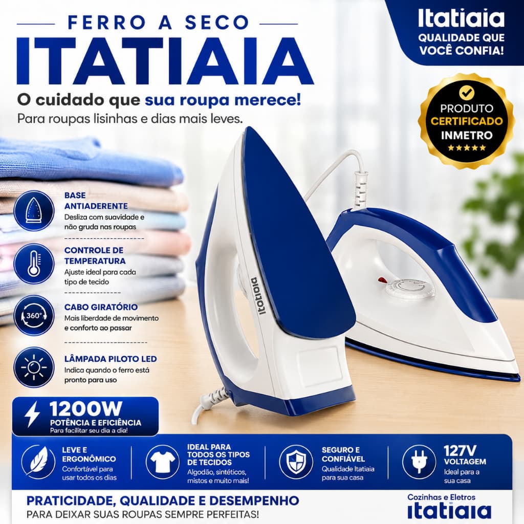 Ferro de Passar Roupa Itatiaia 1200W Seco Antiaderente Controle de Temperatura