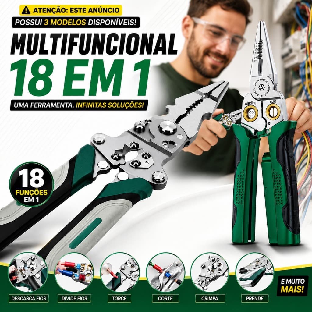 Alicate Universal 18 em 1 para Eletricista Crimpador Decapador Cortador de Fios e Terminais