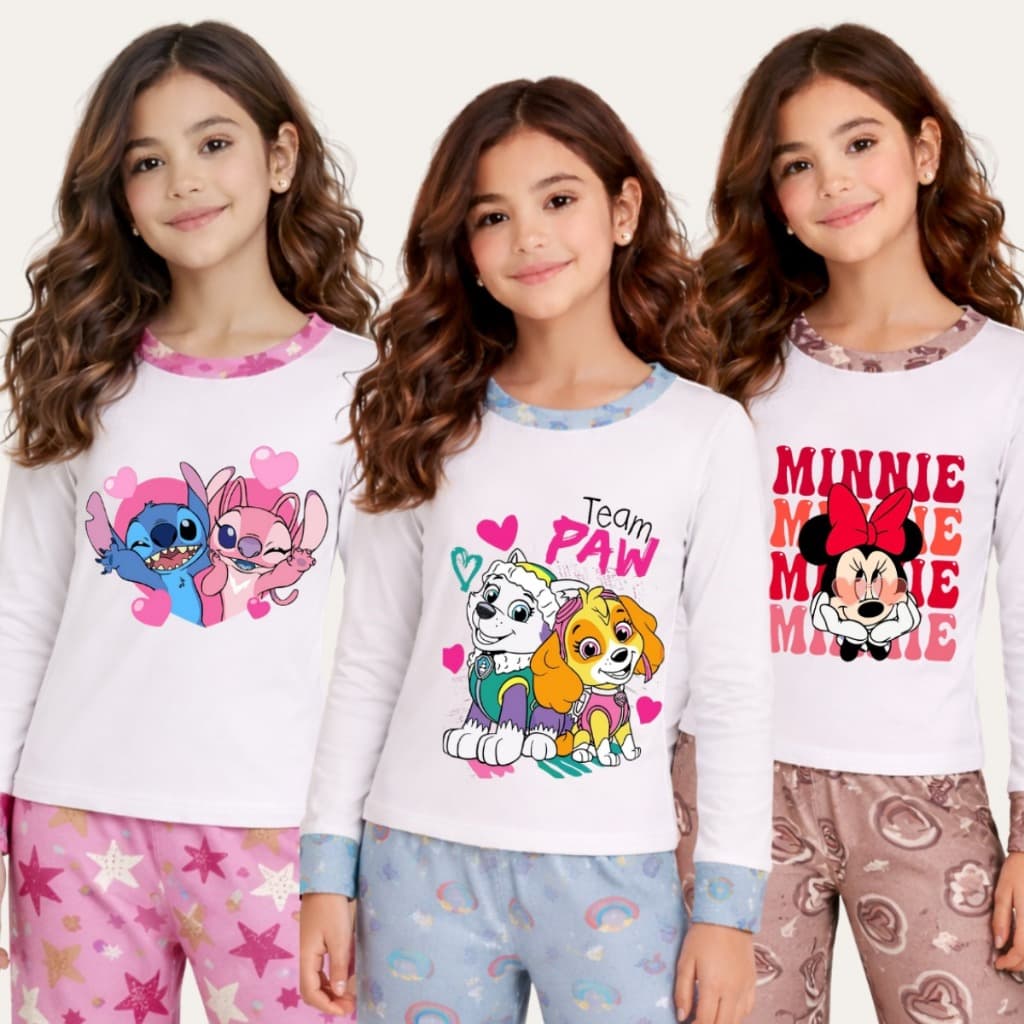 Pijama Infantil Inverno Confortável Estampas Criativas e Divertidas Feminina