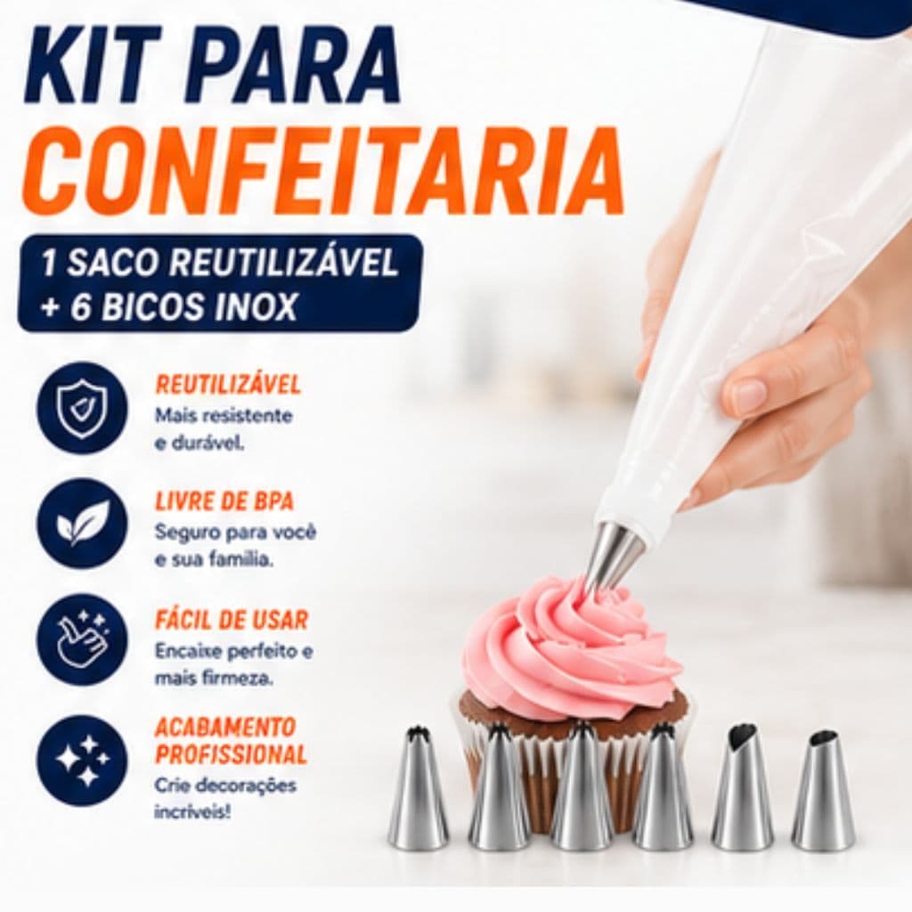 Kit Confeitaria 7 Peças Saco De Confeitar Reutilizável + 6 Bicos Inox Para Bolos Cupcakes Doces